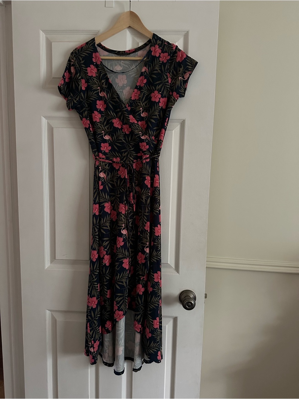 Floral High-Low Wrap Dress in Black with Pink Blossoms